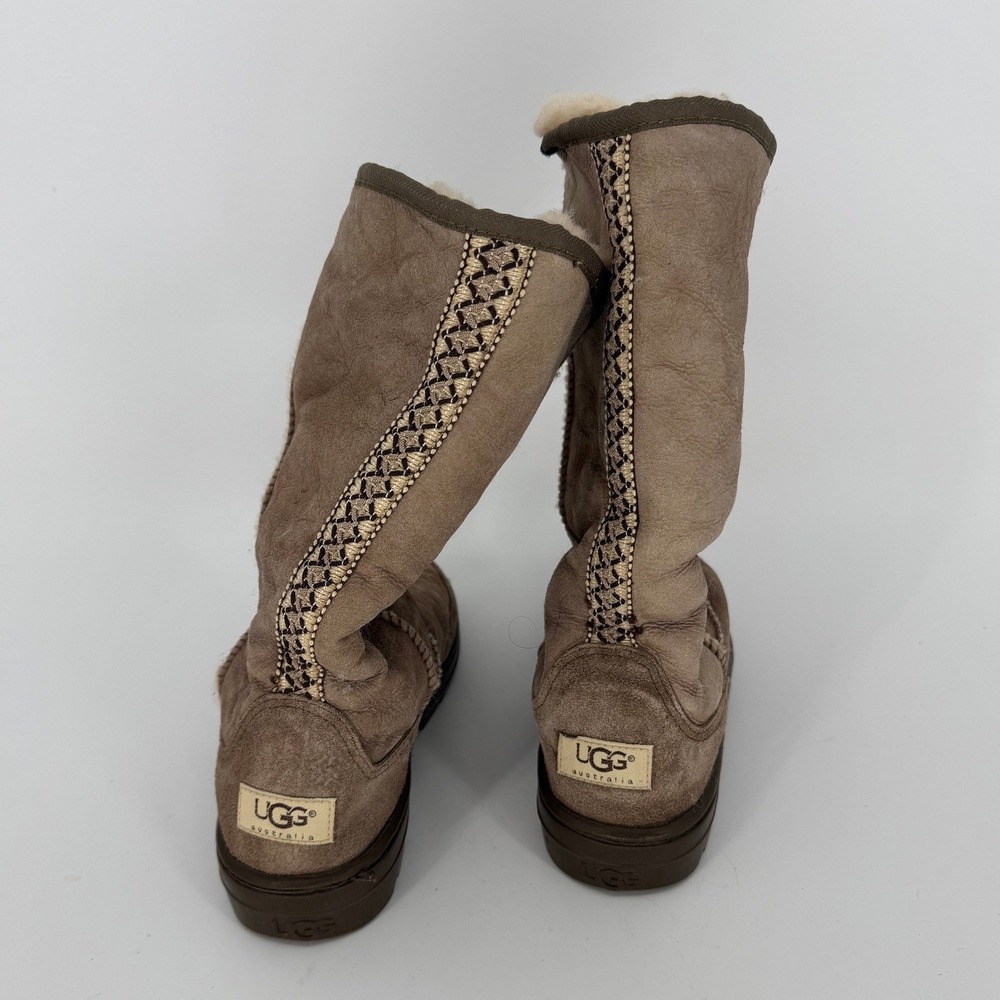 UGG Australia Tall Sheepskin Boots Taupe Brown Woven Braid Detail Women's